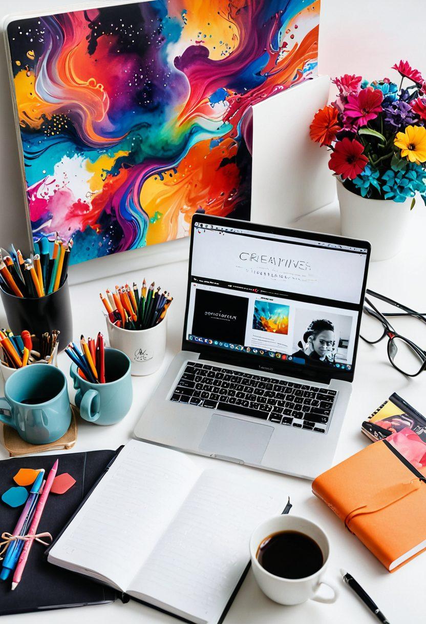 An inspiring and colorful workspace filled with digital tools like a laptop, notebooks, and art supplies. A cup of coffee sits beside an open book titled 'Creative Resources'. Abstract creative elements, such as swirling colors and lightbulbs, float in the background, symbolizing ideas and innovation. The overall atmosphere should evoke motivation and passion for blogging. super-realistic. vibrant colors. white background.