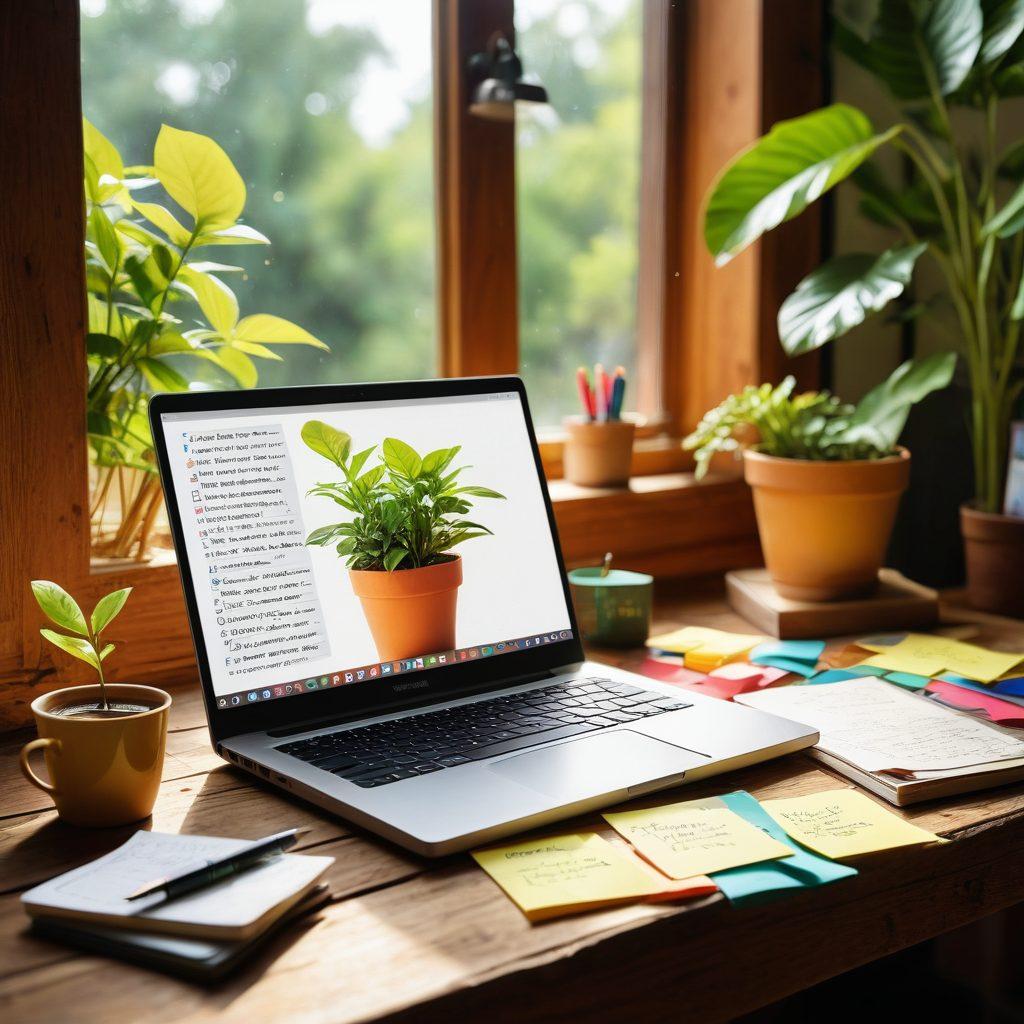 A vibrant, artistic representation of an open laptop on a wooden desk, surrounded by colorful sticky notes with inspiring words like 'Create', 'Share', and 'Inspire'. A steaming cup of coffee sits beside it, while a potted plant adds a touch of nature. Cheerful sunlight streams through the window, creating a warm and inviting atmosphere. super-realistic. vibrant colors. warm tones.