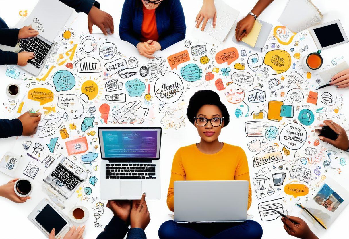 A vibrant, colorful collage depicting diverse bloggers working on laptops, surrounded by essential blogging tools like notebooks, coffee cups, and digital devices. Include elements that represent community, such as chat bubbles and social media icons, all coming together in a harmonious layout. The background should be bright and inviting, emphasizing collaboration and creativity. vector art. vibrant colors. white background.